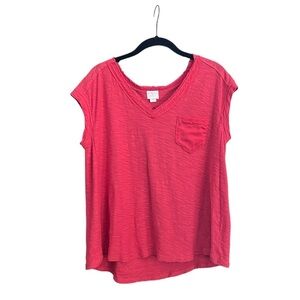 Anthropologie Postmark Slub Tee Women's Size S Red V-Neck Cap Sleeve Pocket Top